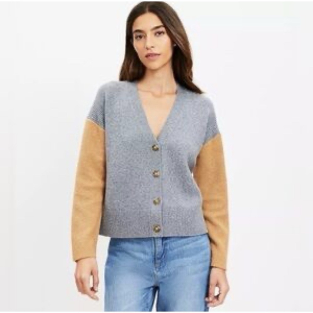 Loft Women's Cotton Blend Colorblock Ribbed Sleeve V Neck Cardigan Sz M Cottage